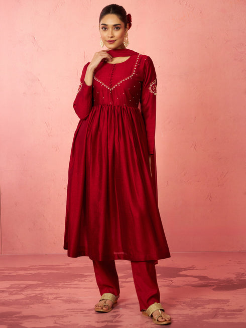 Women's Maroon Silk Anarkali Kurta Set